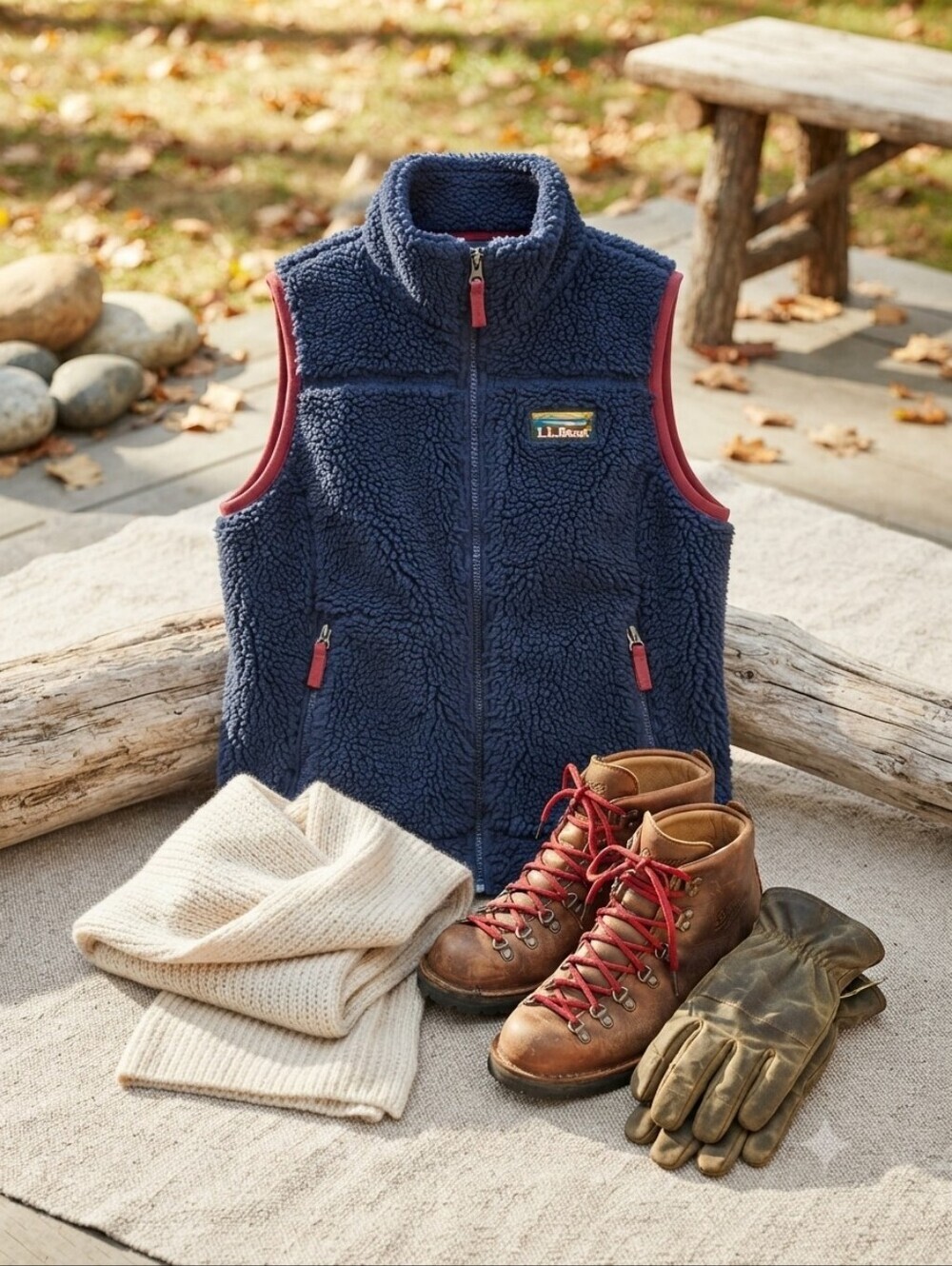L.L. Bean Navy Blue Sherpa Vest With Maroon Jersey Lining